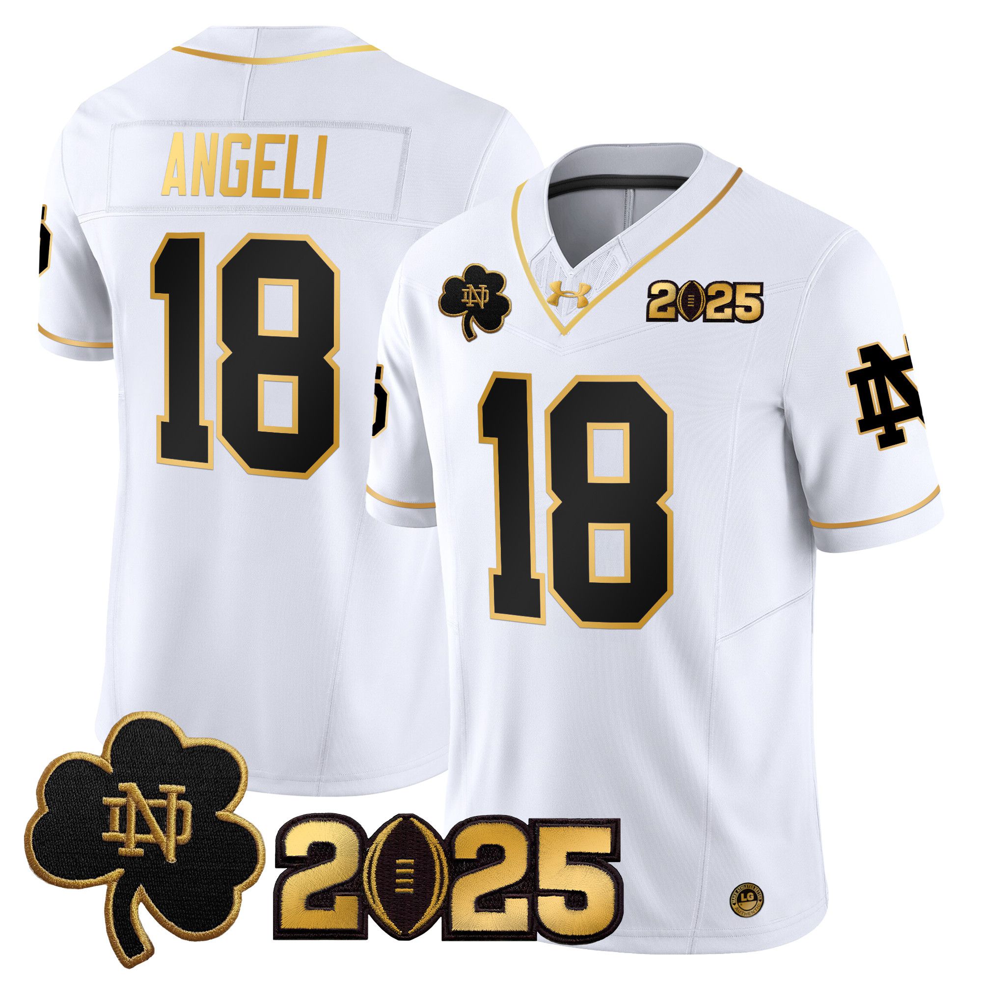 Men Notre Dame Fighting Irish 18 Angeli White 2025 CFP Final Patch Gold Vapor Limited NCAA Jersey